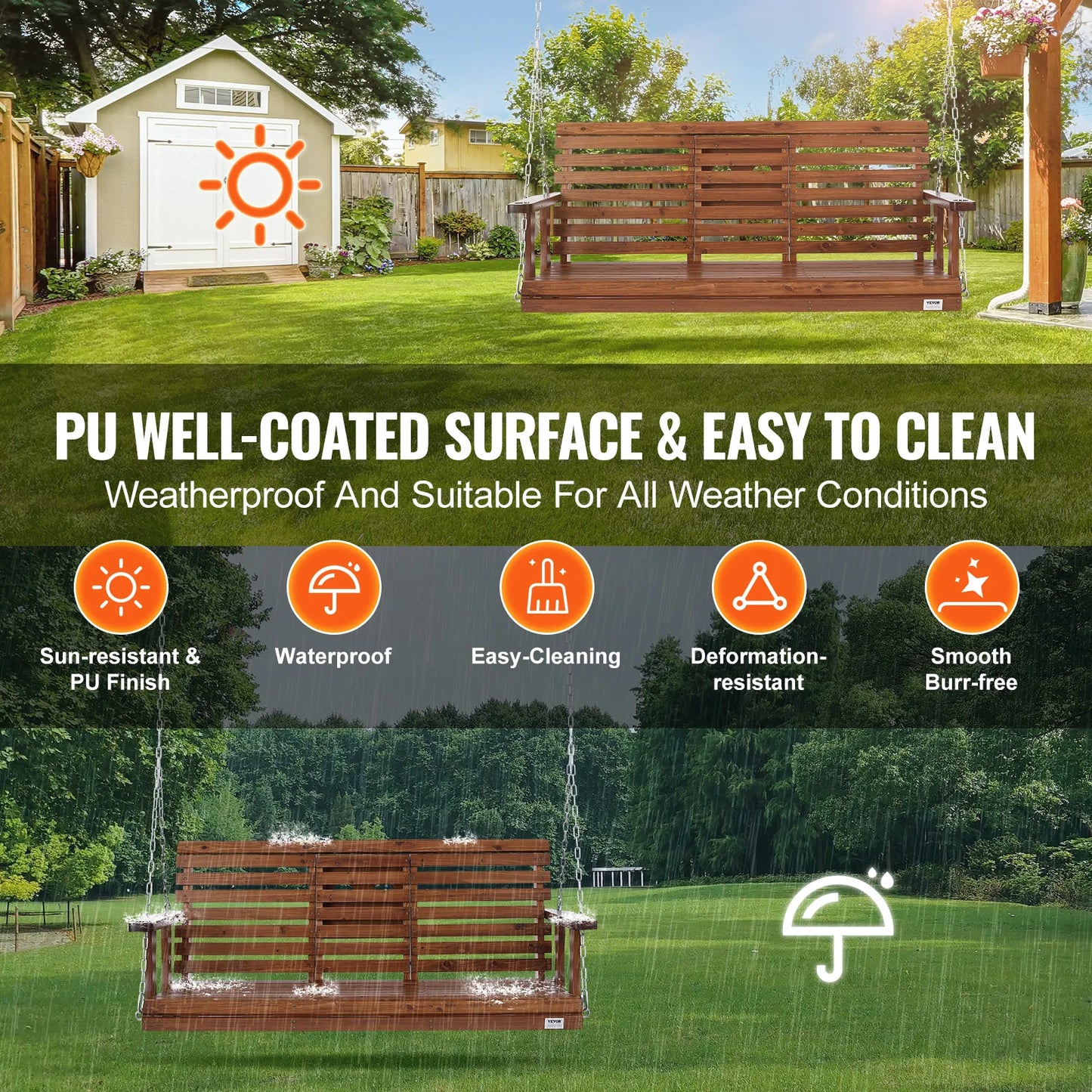 SucceBuy Cedar Wood Porch Swing With Steel Chains Outdoor Bench