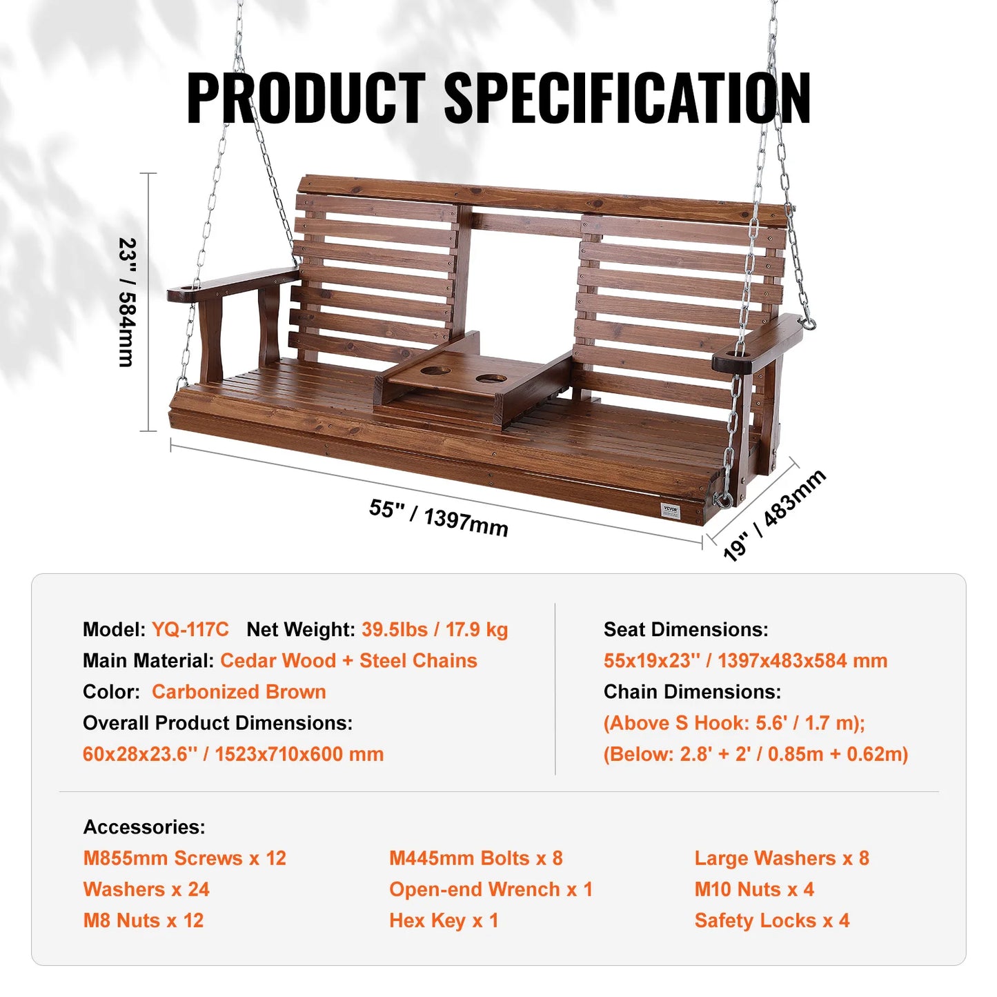 SucceBuy Cedar Wood Porch Swing With Steel Chains Outdoor Bench