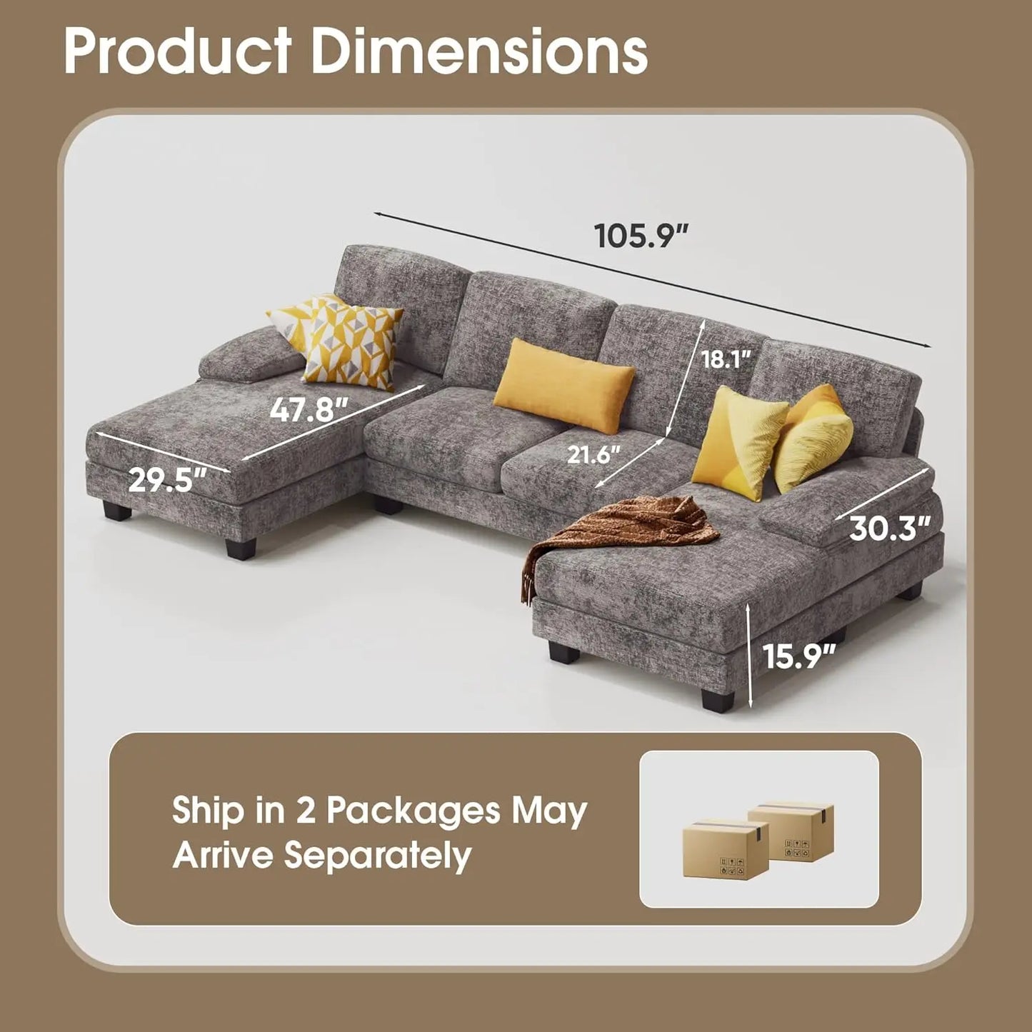 U Shaped Linen Sectional Sofa Living Room With Double Chaise