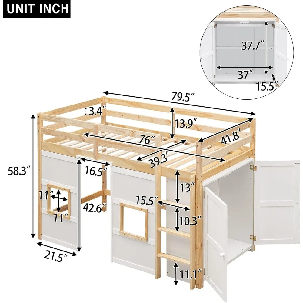 Loft Bed With Built In Storage Wardrobe And Two Windows Solid Wood