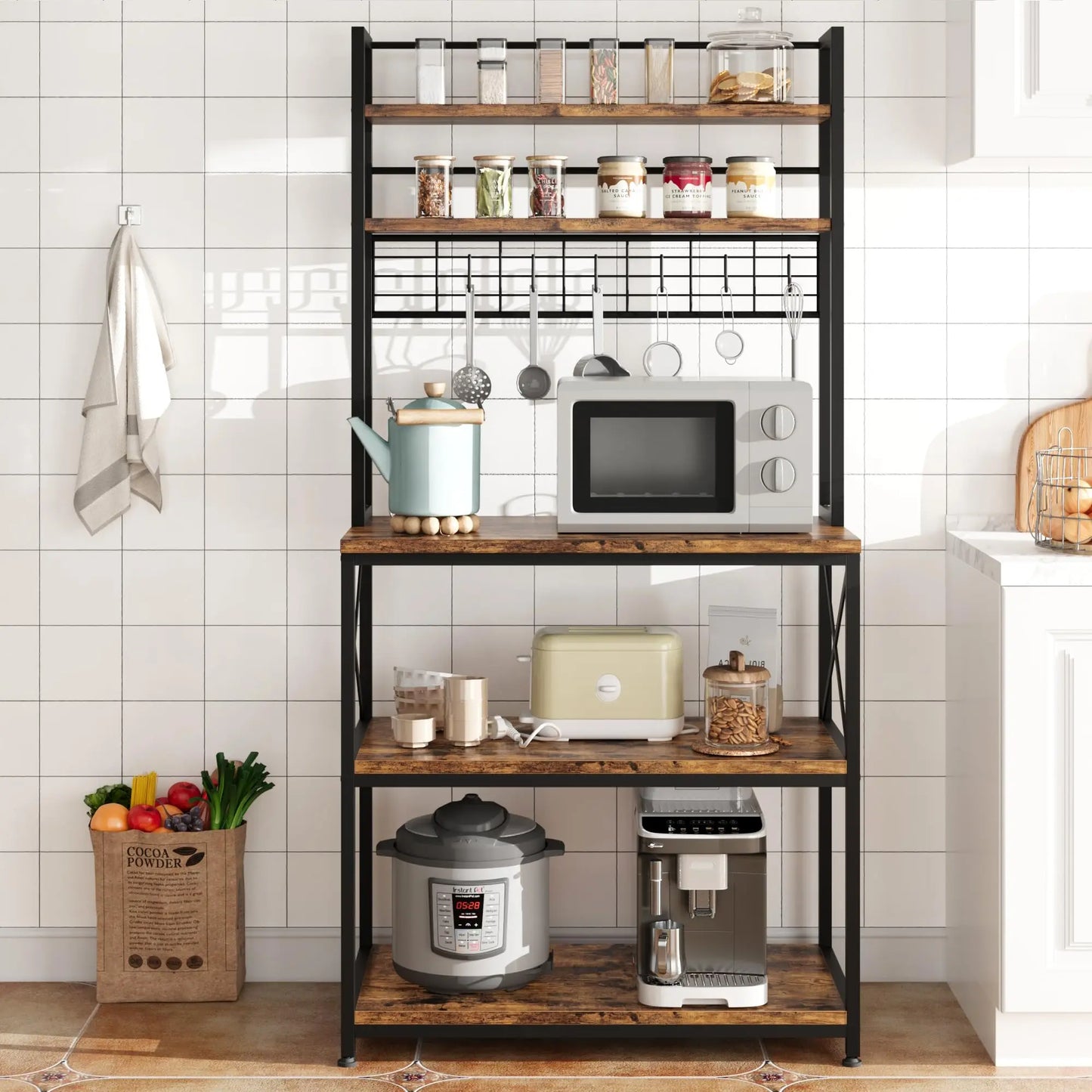 Five Tier Microwave Shelf With Six Hooks Kitchen Standing Rack