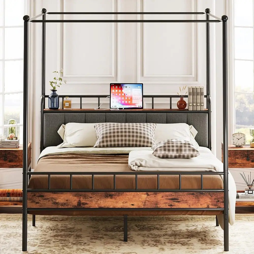 LIKIMIO Canopy Bed Frame With Storage Headboard Charging Station