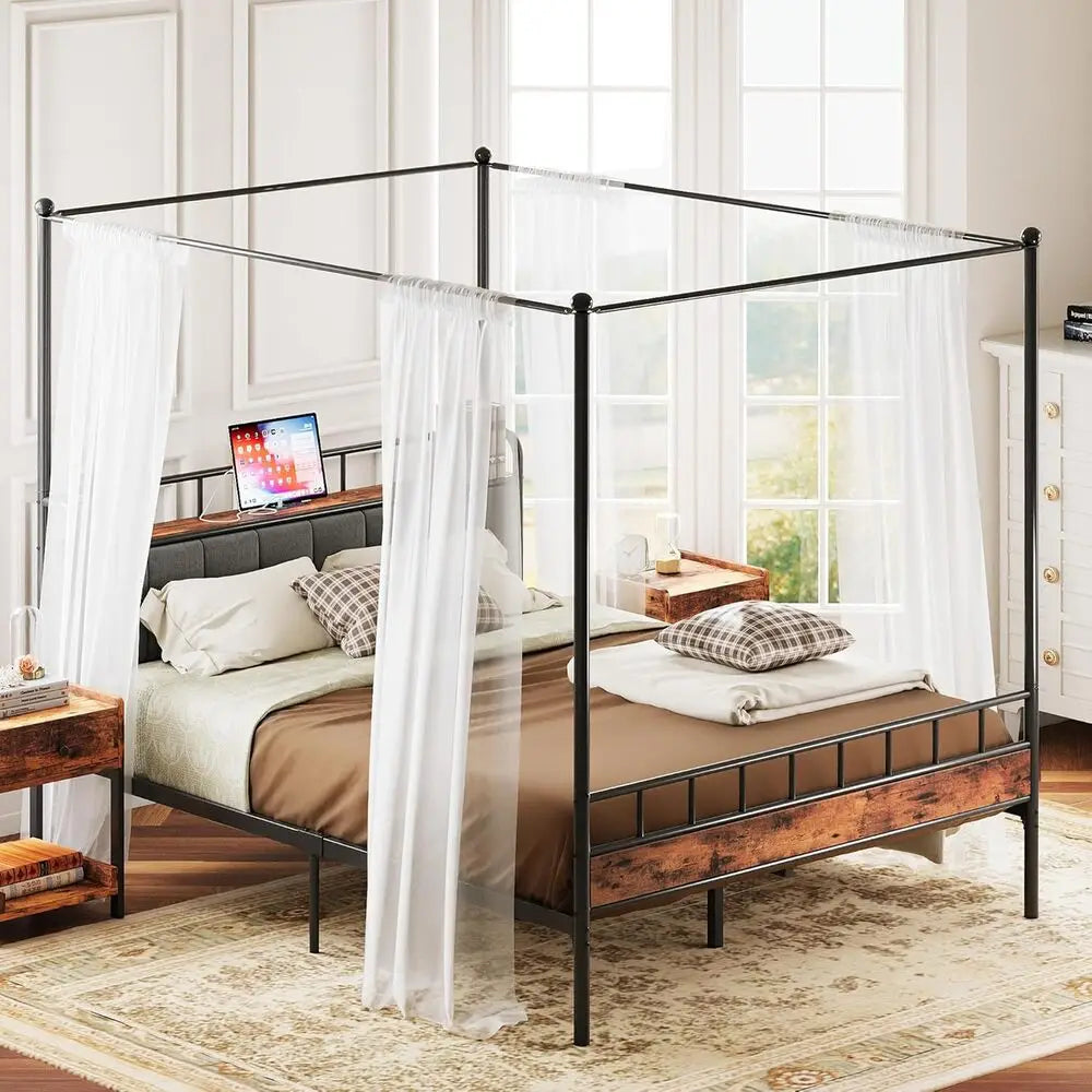 LIKIMIO Canopy Bed Frame With Storage Headboard Charging Station
