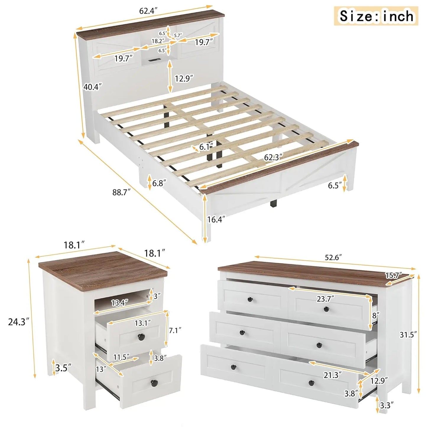 Modern 3 Piece Bedroom Set With Barn Door Storage Bed