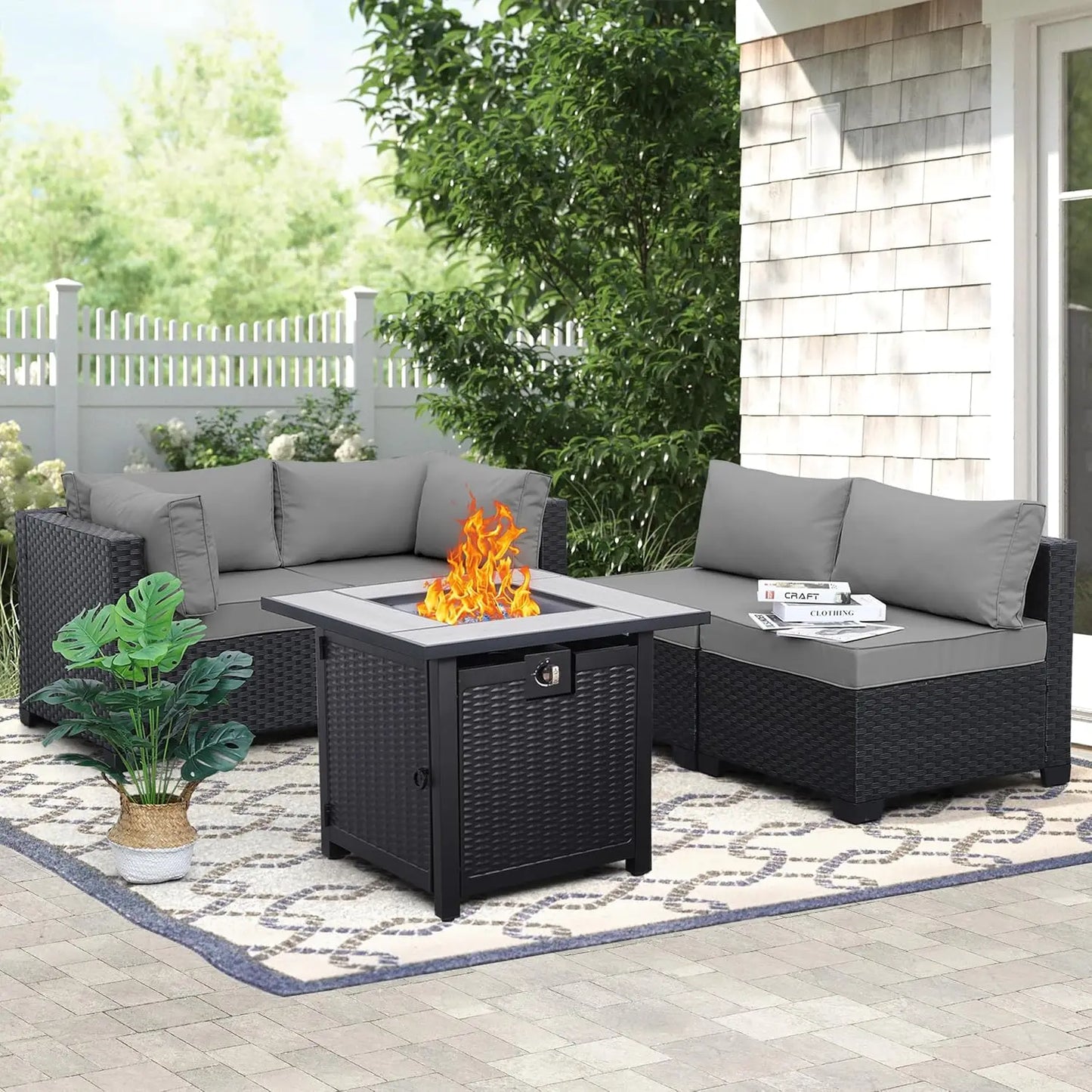 Rattan Sectional Sofa Set With Propane Fire Pit Table For Outdoor Patio