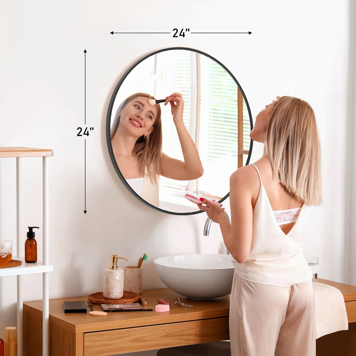 JHK Round Vanity Mirror With Matte Metal Frame Wall Mounted