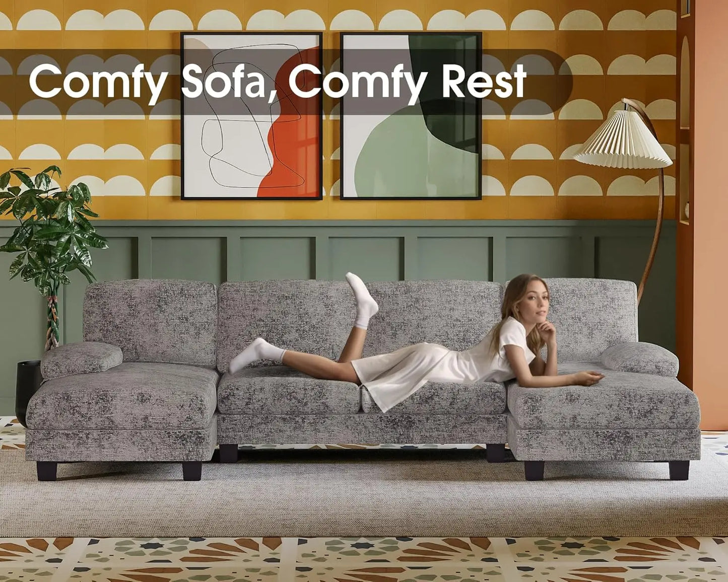 U Shaped Linen Sectional Sofa Living Room With Double Chaise