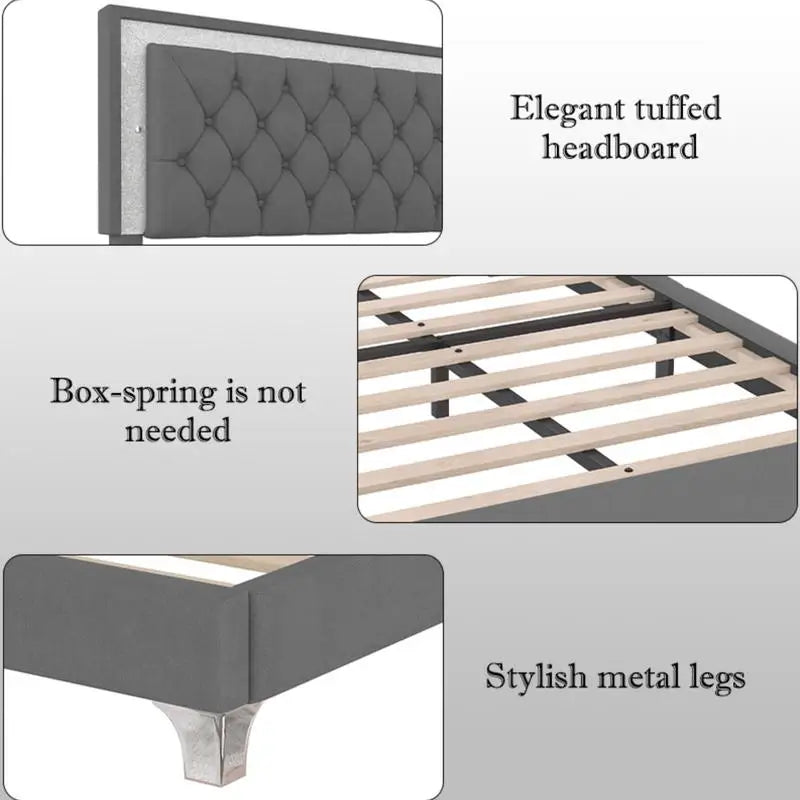 Upholstered Platform Bed With LED Lights And Nightstands Three Piece
