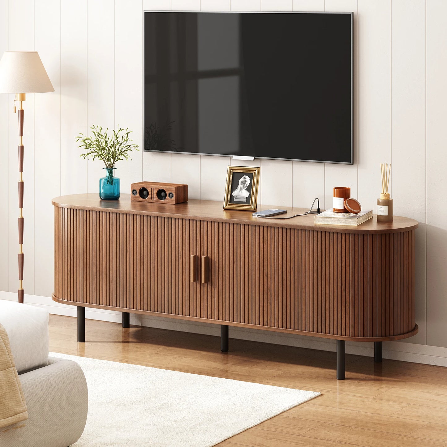 TV Stand With Power Outlet Entertainment Center And Sliding Doors