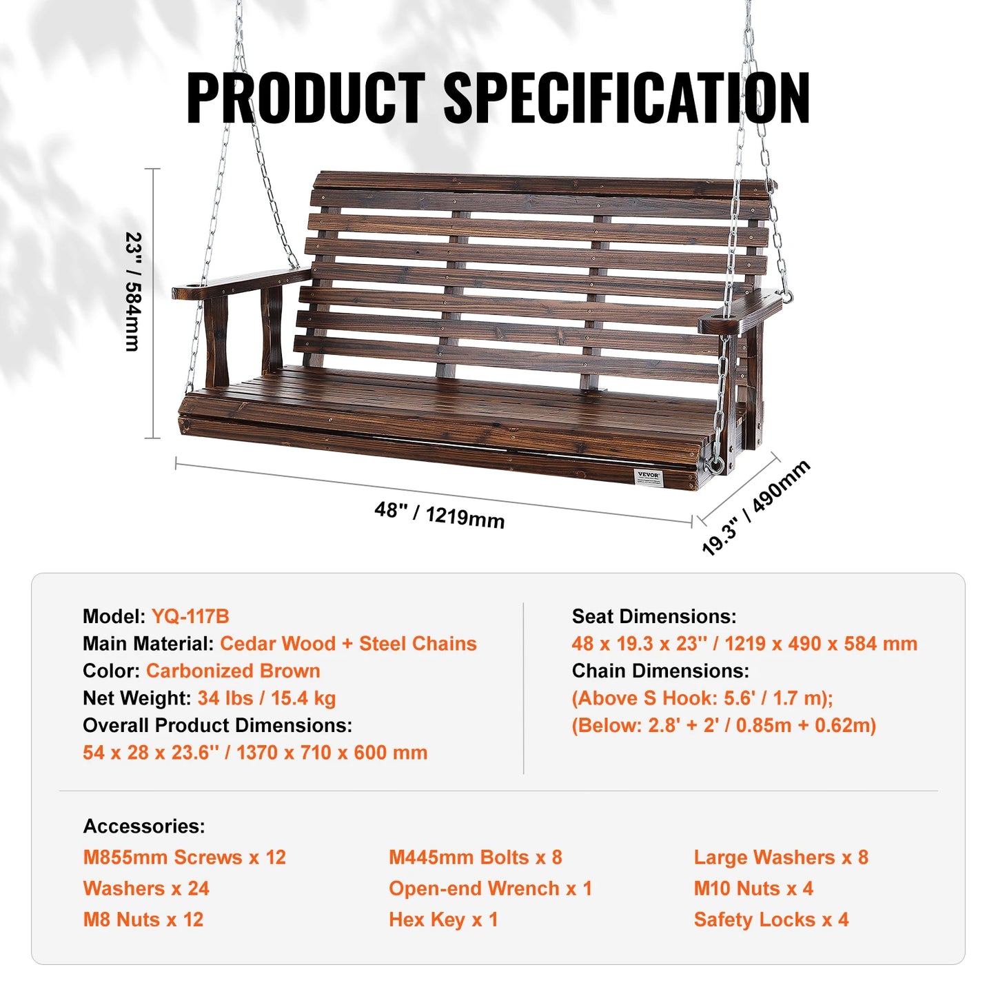 SucceBuy Cedar Wood Porch Swing With Steel Chains Outdoor Bench