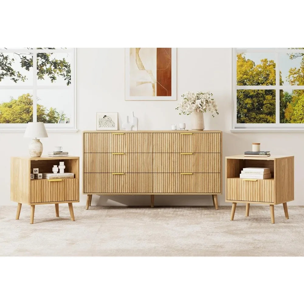 RBXC Oak Dresser Nightstand Set Modern 3-Piece Bedroom Furniture