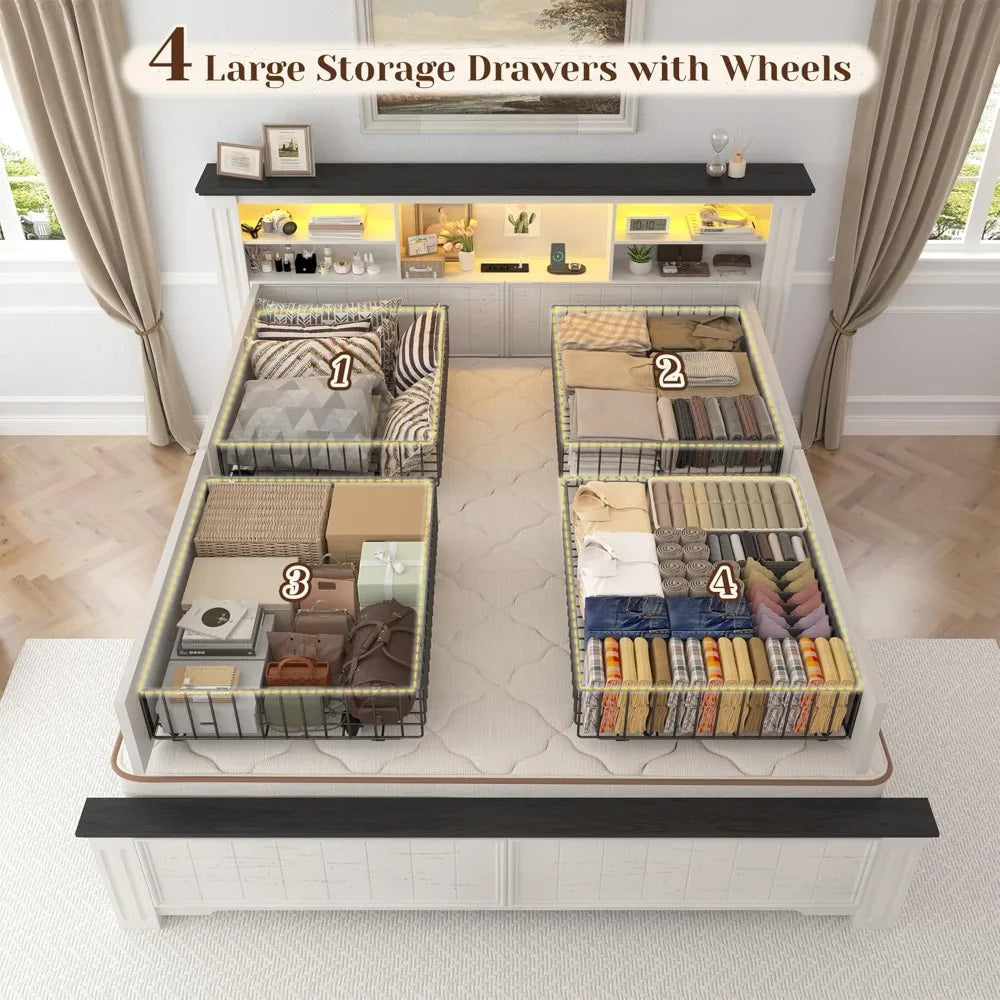 Queen Bed Frame With Headboard And Storage LED And USB