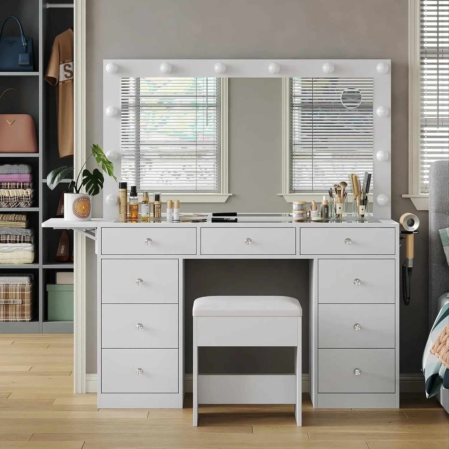 Makeup Vanity Desk With Power Outlet And 12 LED Lights
