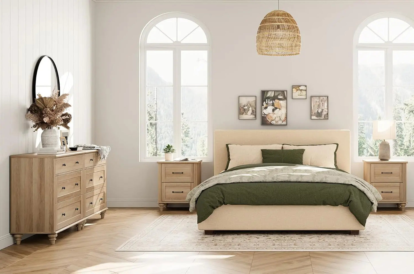 Farmhouse Bedroom Set With Dressers And Rattan Nightstands
