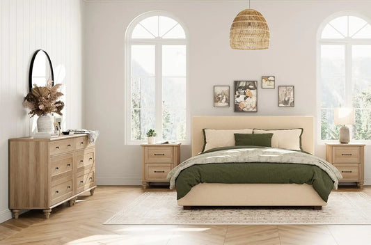 Farmhouse Bedroom Set With Dressers And Rattan Nightstands