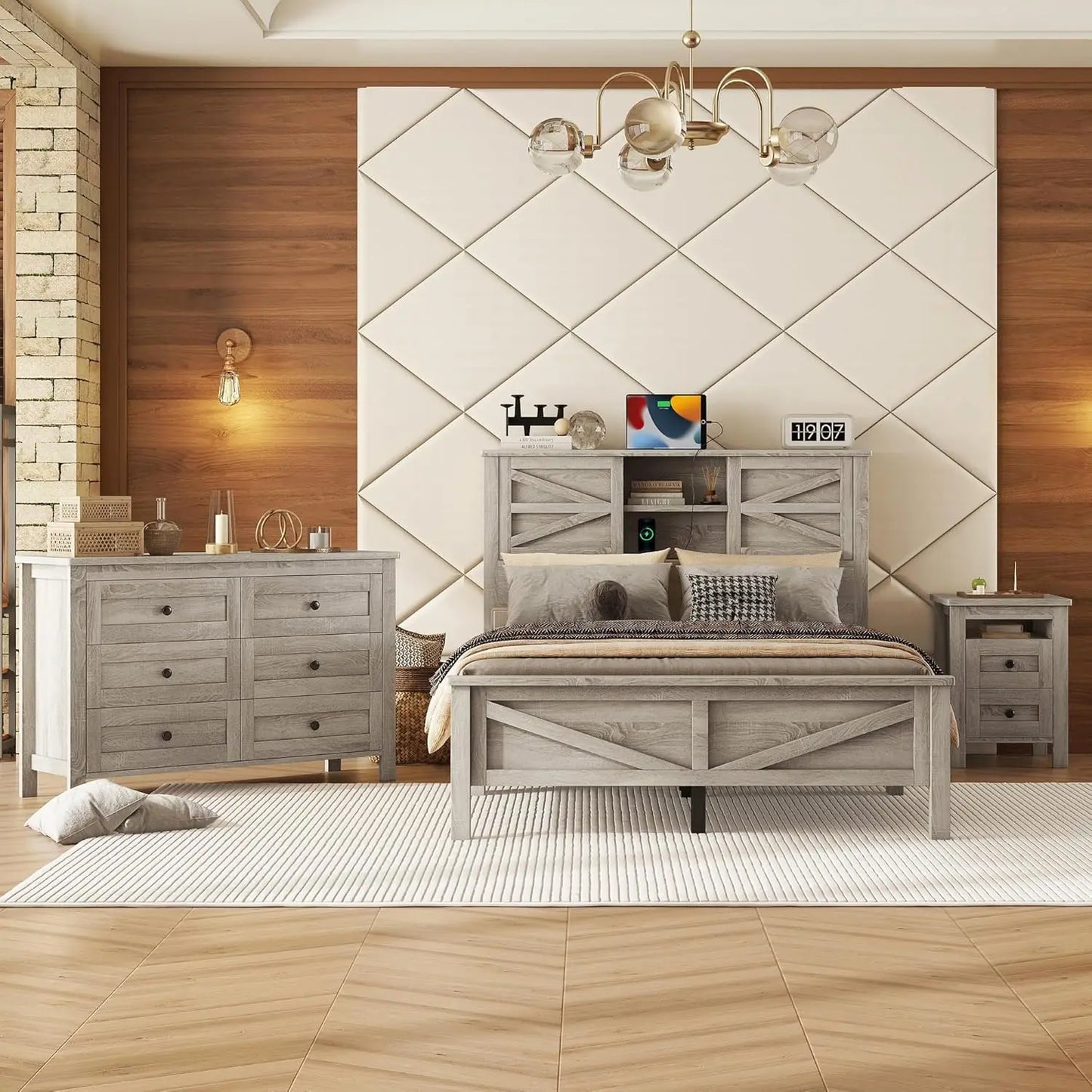 3 Piece Farmhouse Style Bedroom Set With Barn Door Bed