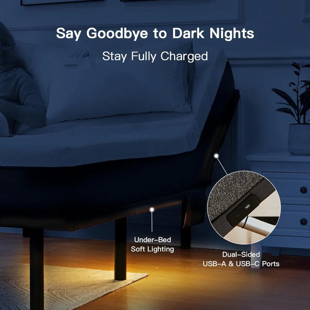 Adjustable Bed Frame With Massage And USB Ports And LED Under-Bed
