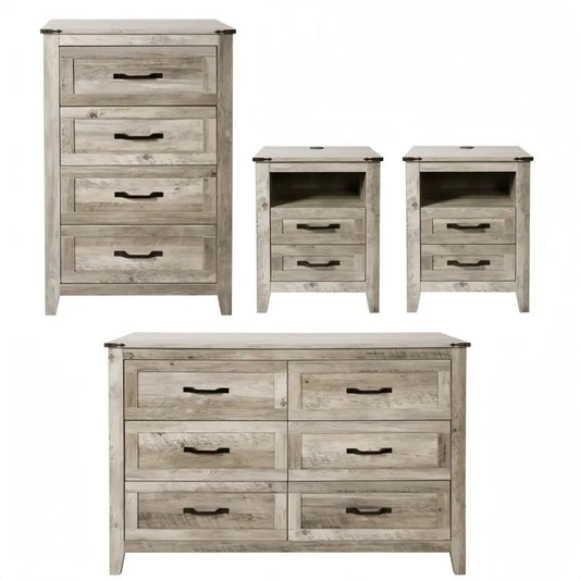 Farmhouse 4-Piece Dresser Set With 6-Drawer Dresser, 4-Drawer Chest, Nightstands