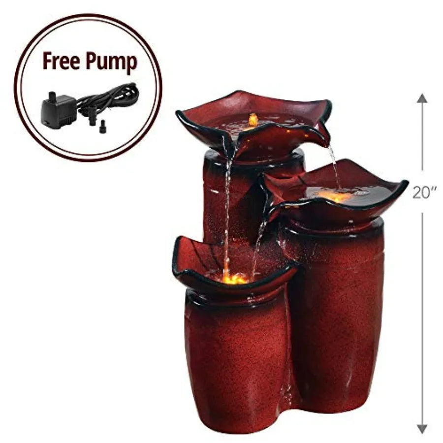 Three Tier Floor Water Fountain With LED Lights For Outdoors