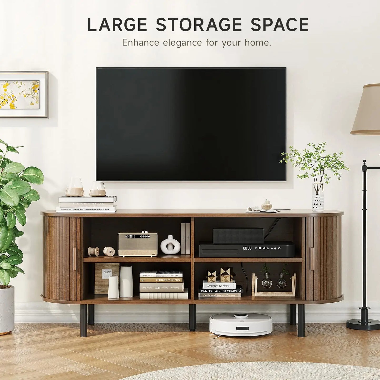 TV Stand With Power Outlet And Sliding Doors Storage