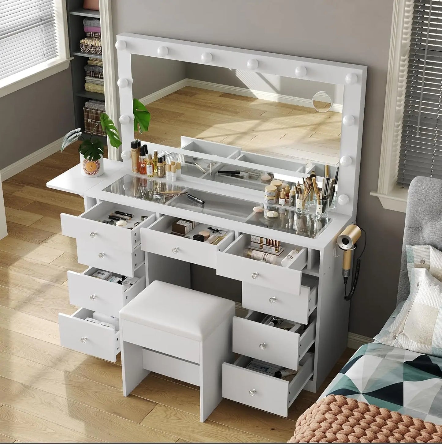 Makeup Vanity Desk With Power Outlet And 12 LED Lights