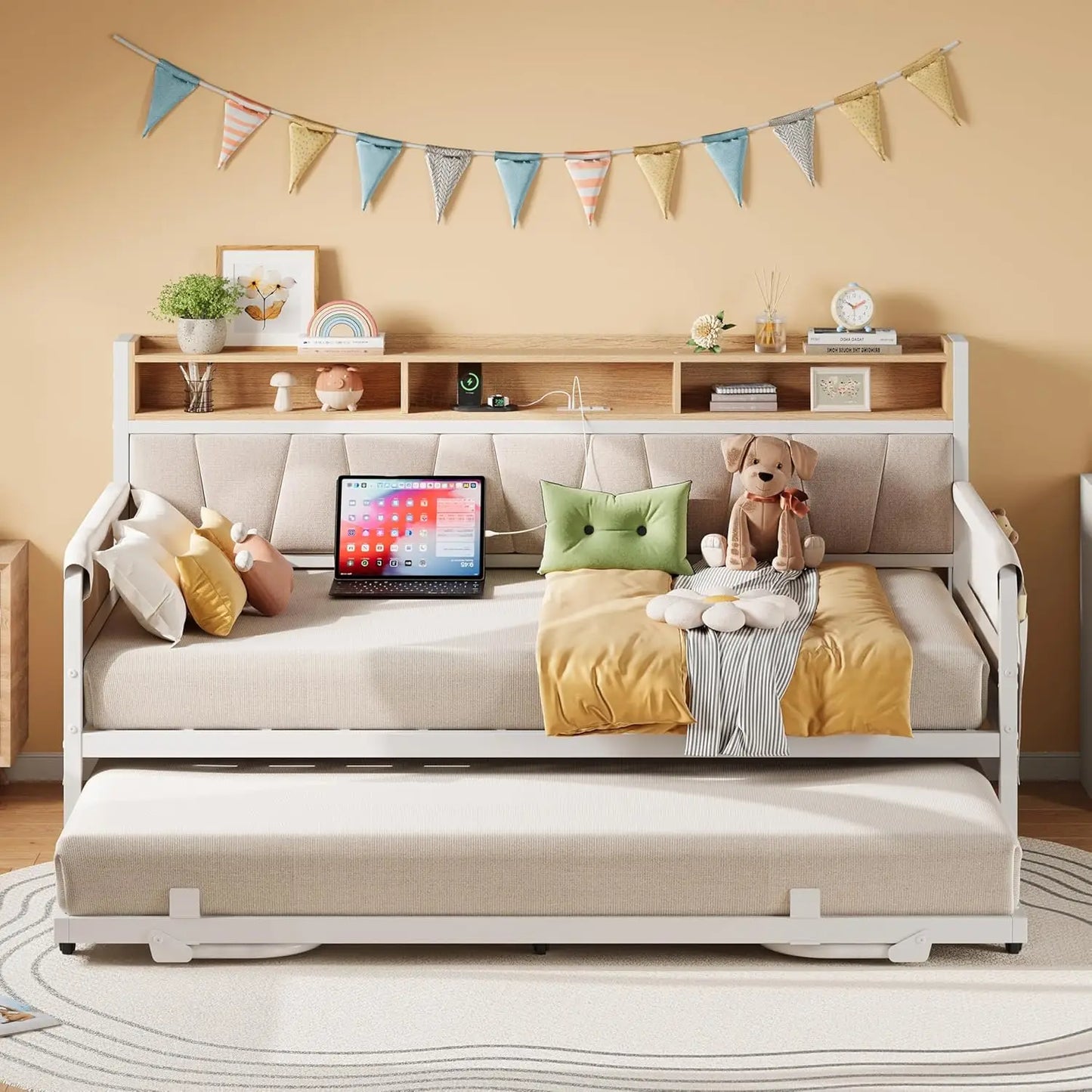 LIKIMIO Daybed With Trundle Bed And Upholstered Headboard Charging Station