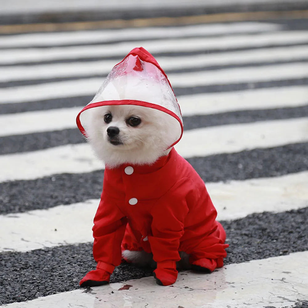 Dog Hooded Raincoat With Boots Four Leg Jumpsuit Waterproof
