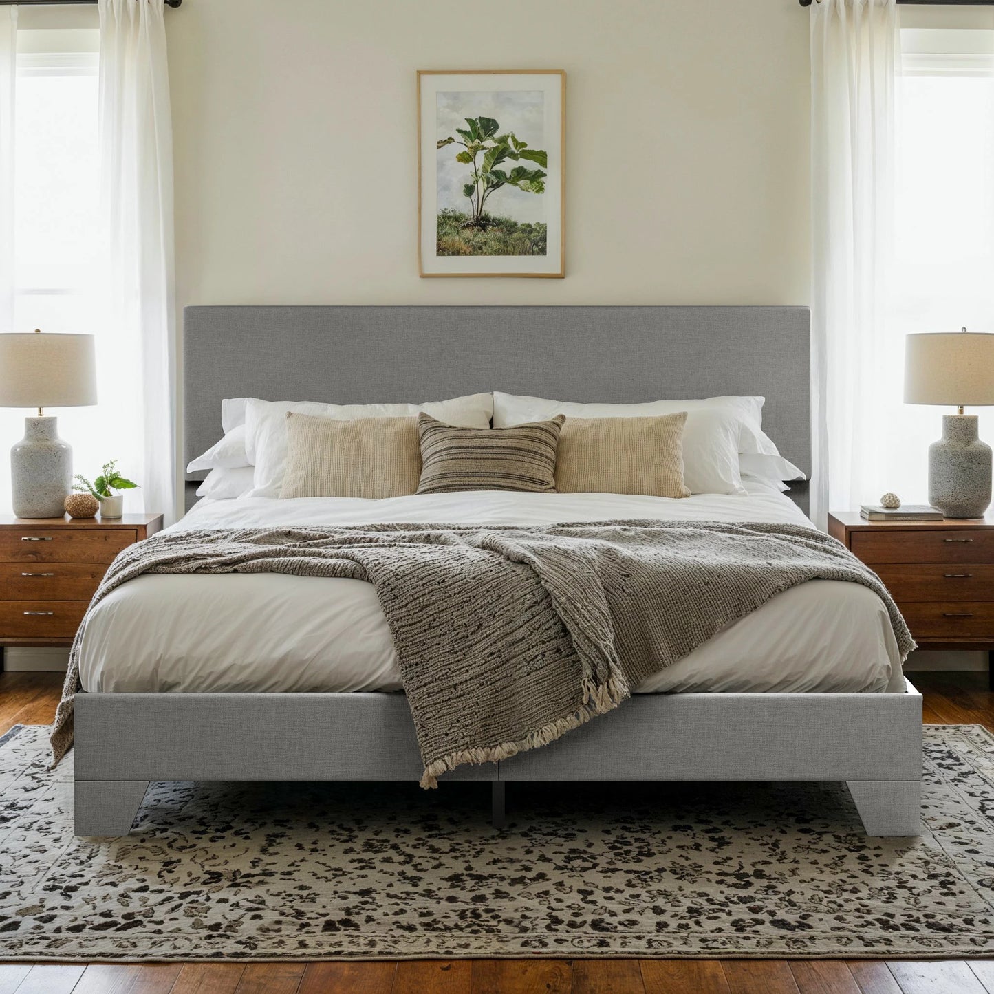 HOOMIC Upholstered Bed Frame With Adjustable Headboard Soft Linen Fabric