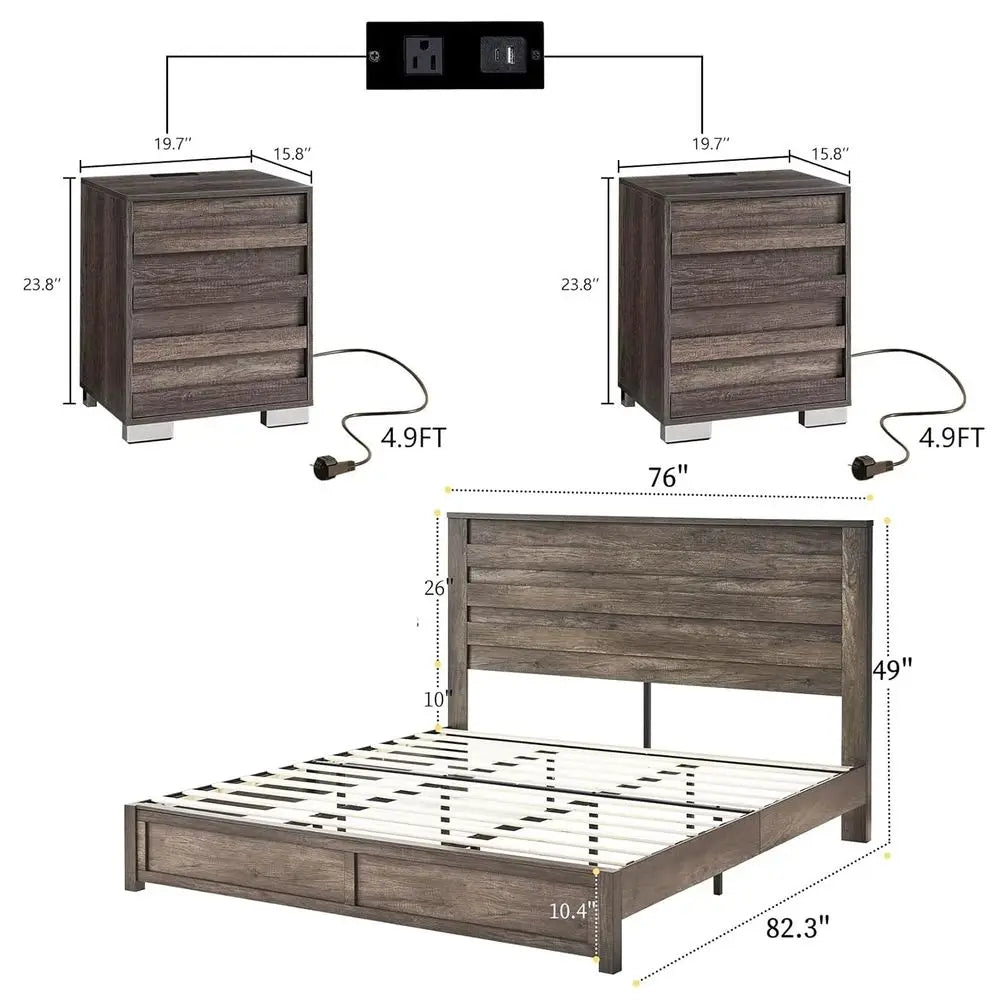Farmhouse Bedroom Set With Bed Frame And Two Nightstands