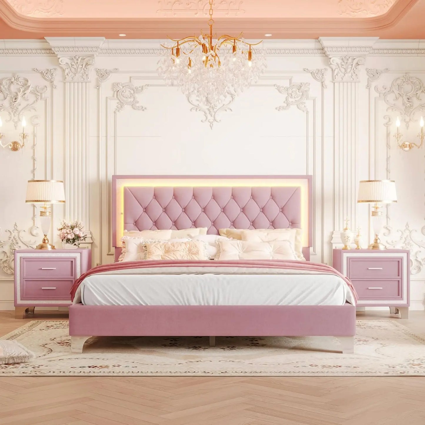 3 Piece Bedroom Set With LED Lights And Nightstands