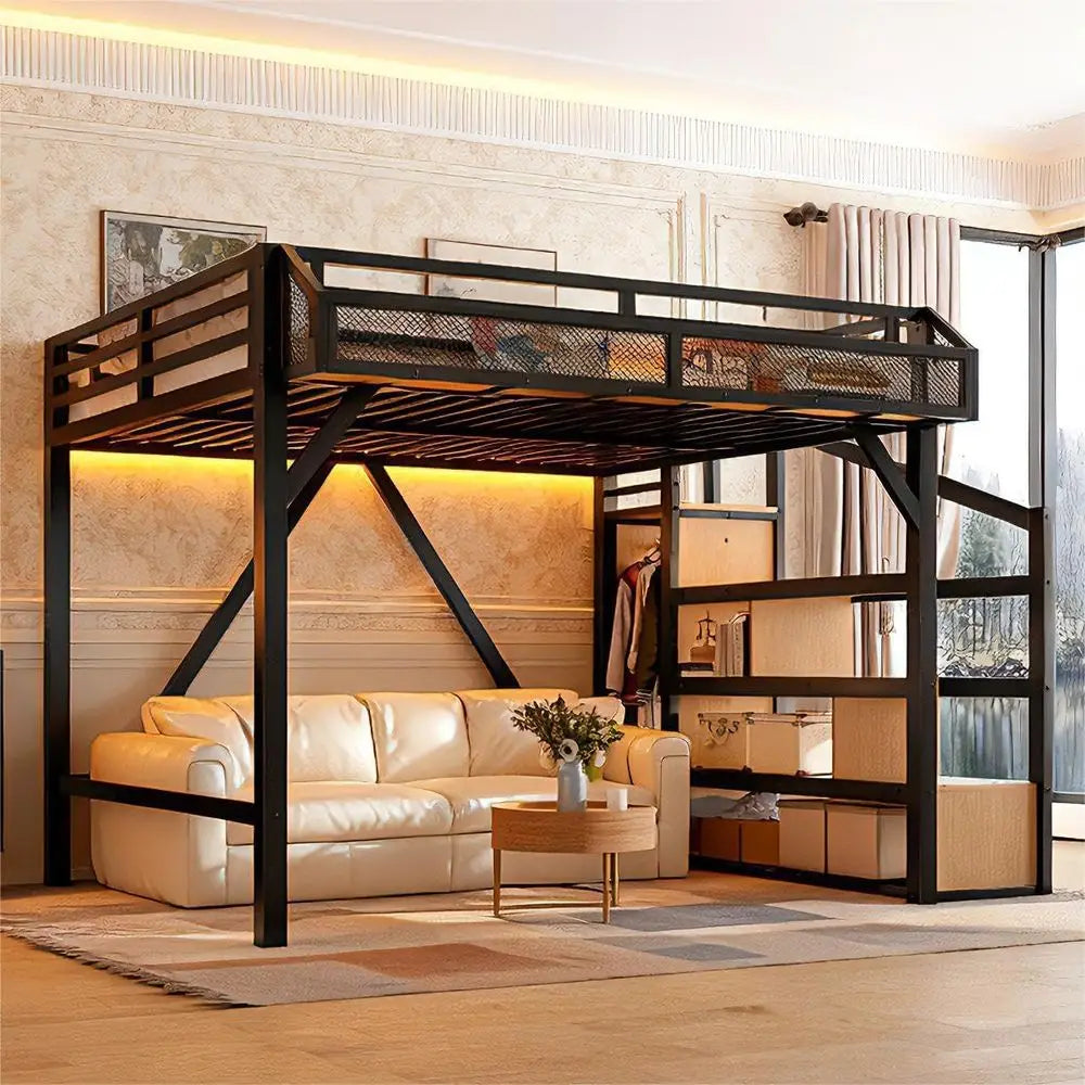 Metal Loft Bed With Storage Stairs And Wardrobe USB Lighting