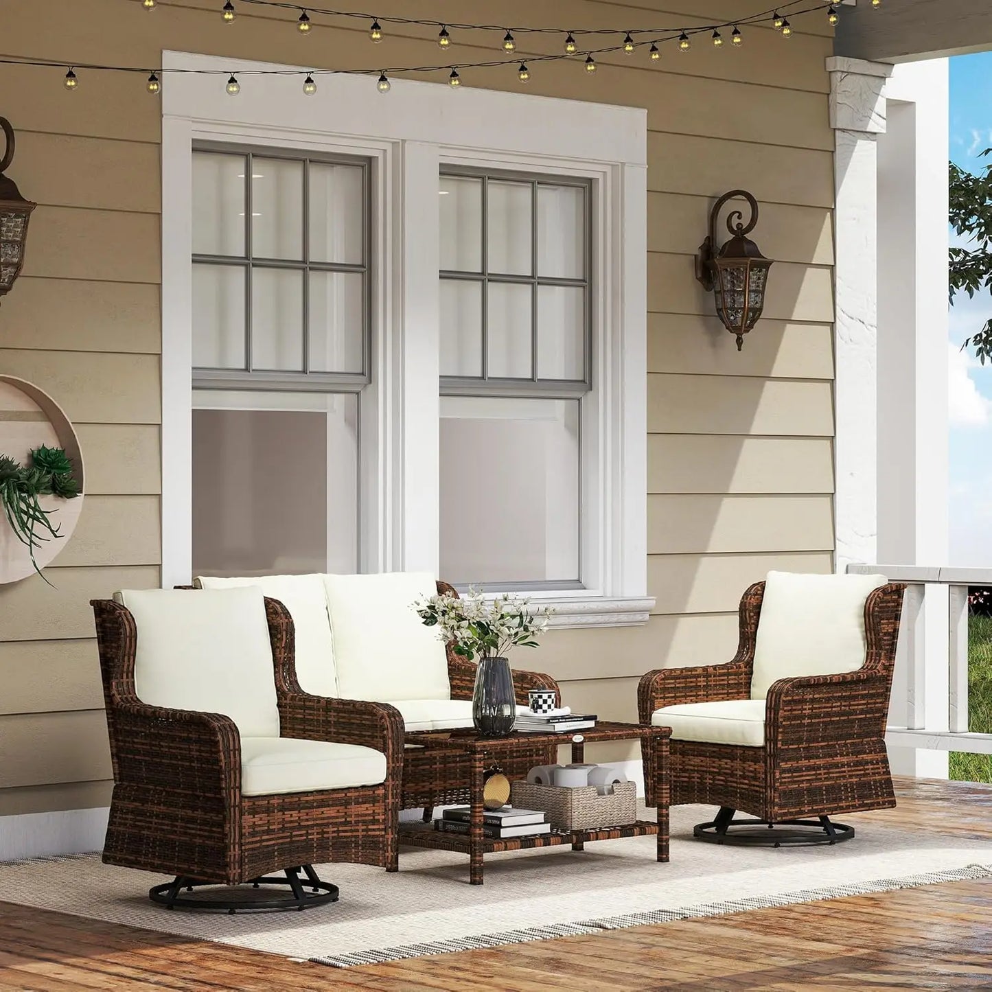 PE Rattan Outdoor Patio Furniture Set With Wicker Conversation Chairs