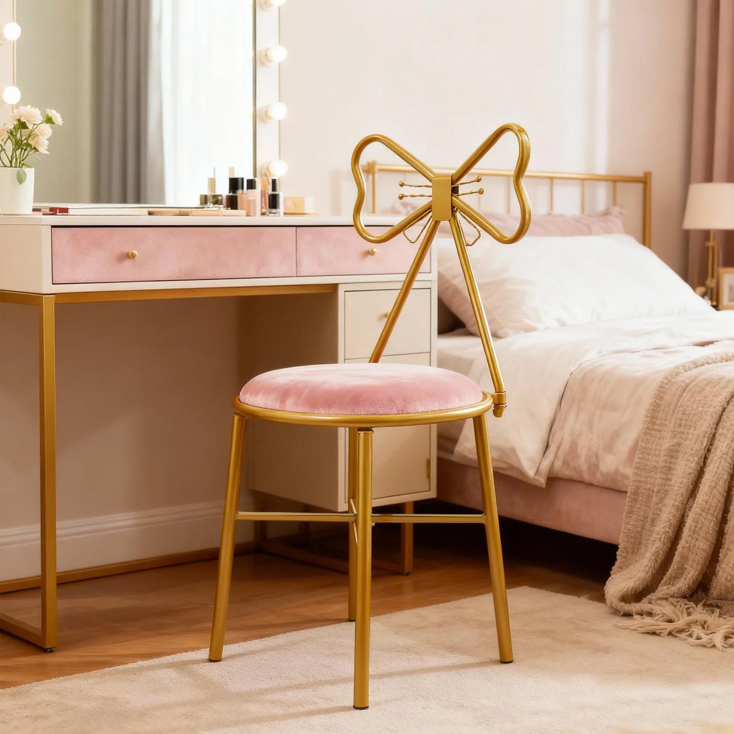 Pink Butterfly Back Vanity Stool With Flannelette Upholstery Makeup Chair