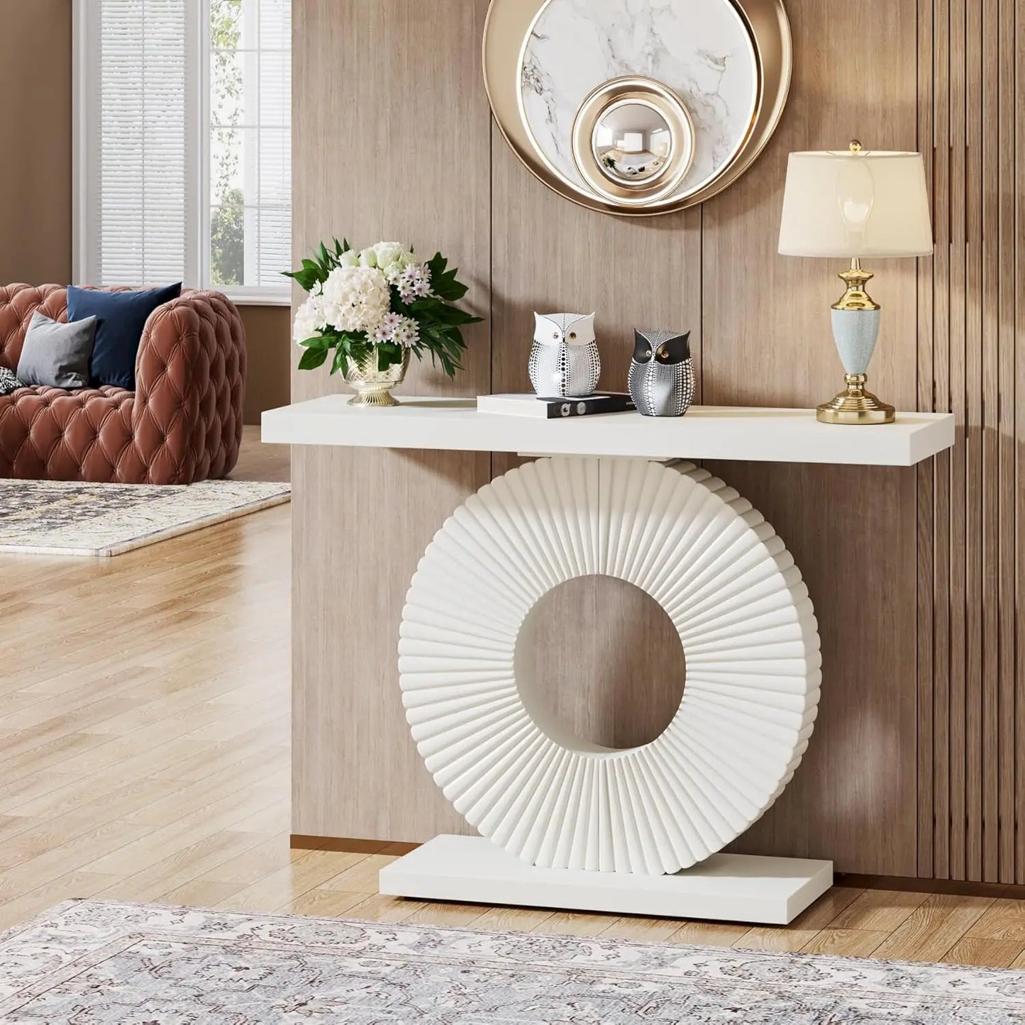 LITTLE TREE Modern Wood Console Table With Geometric Base For Entryway