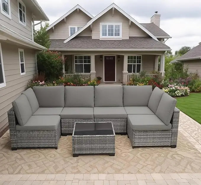 Outdoor Patio Furniture Set 7 Pieces All Weather Rattan Wicker