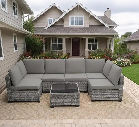 Outdoor Patio Furniture Set 7 Pieces All Weather Rattan Wicker