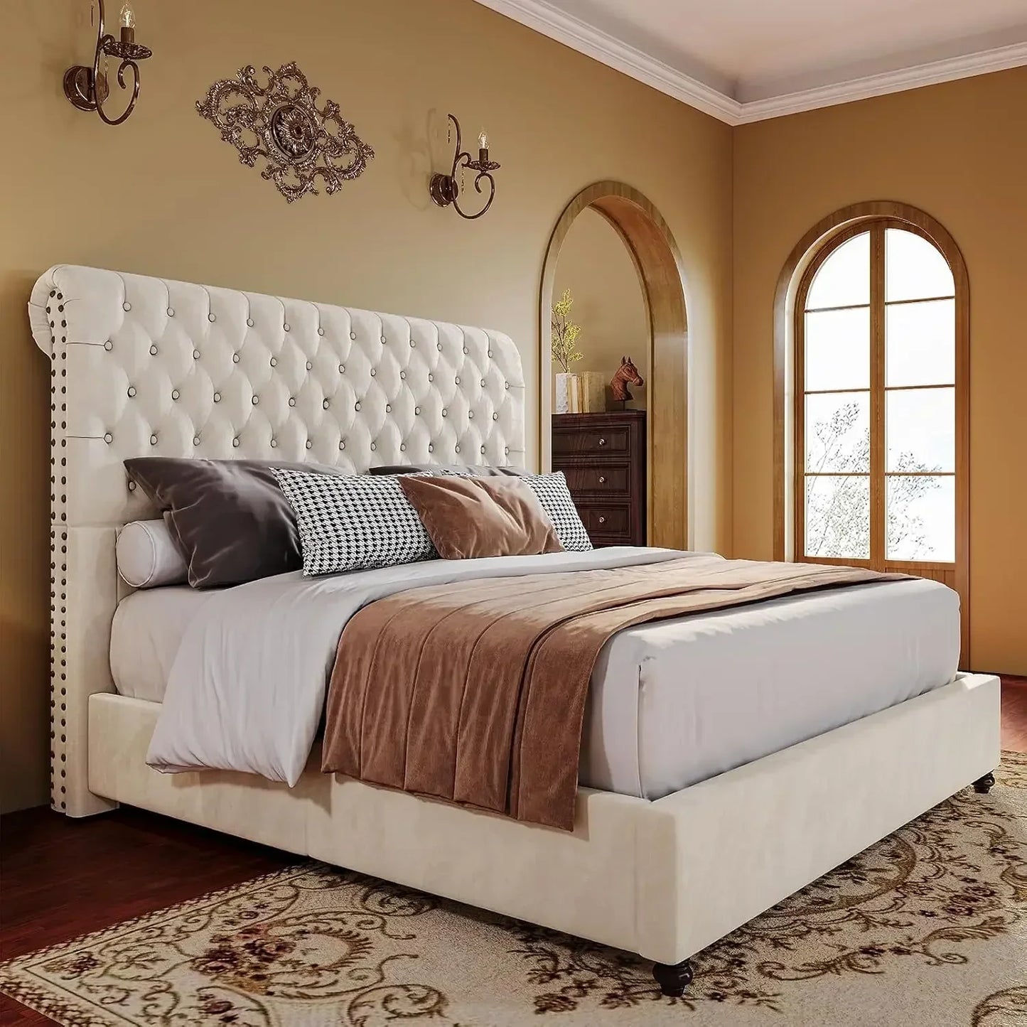 Upholstered Platform Bed With Tall Sleigh Headboard
