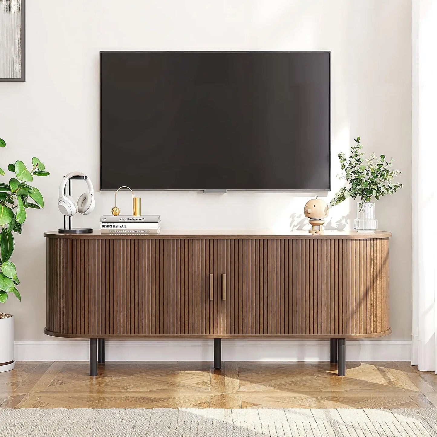 TV Stand With Power Outlet And Sliding Doors Storage