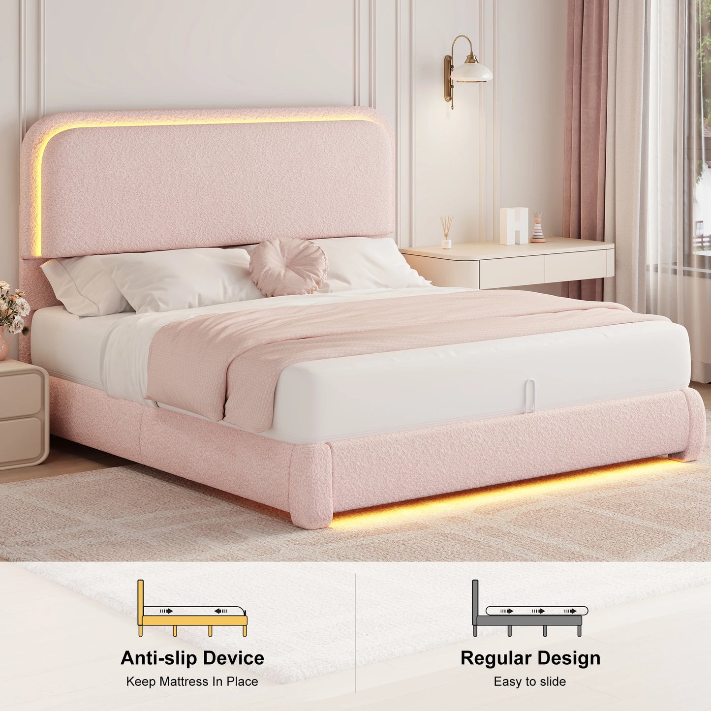 SIBEDS LED Bed Frame With Storage Drawers And Rounded Headboard