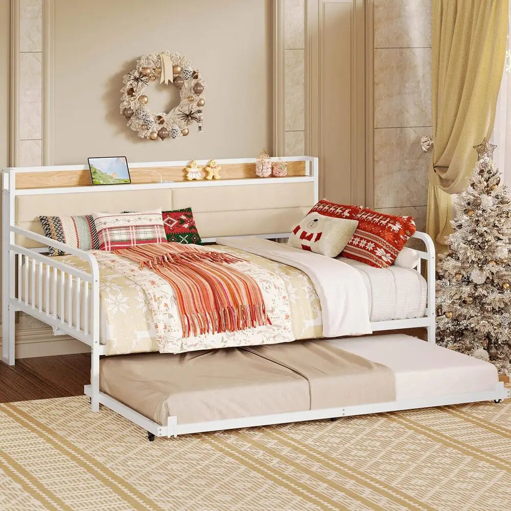 LIKIMIO Daybed With Trundle Metal Bed Frame Upholstered Headboard And Charging