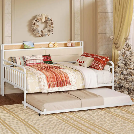 LIKIMIO Daybed With Trundle Metal Bed Frame Upholstered Headboard And Charging
