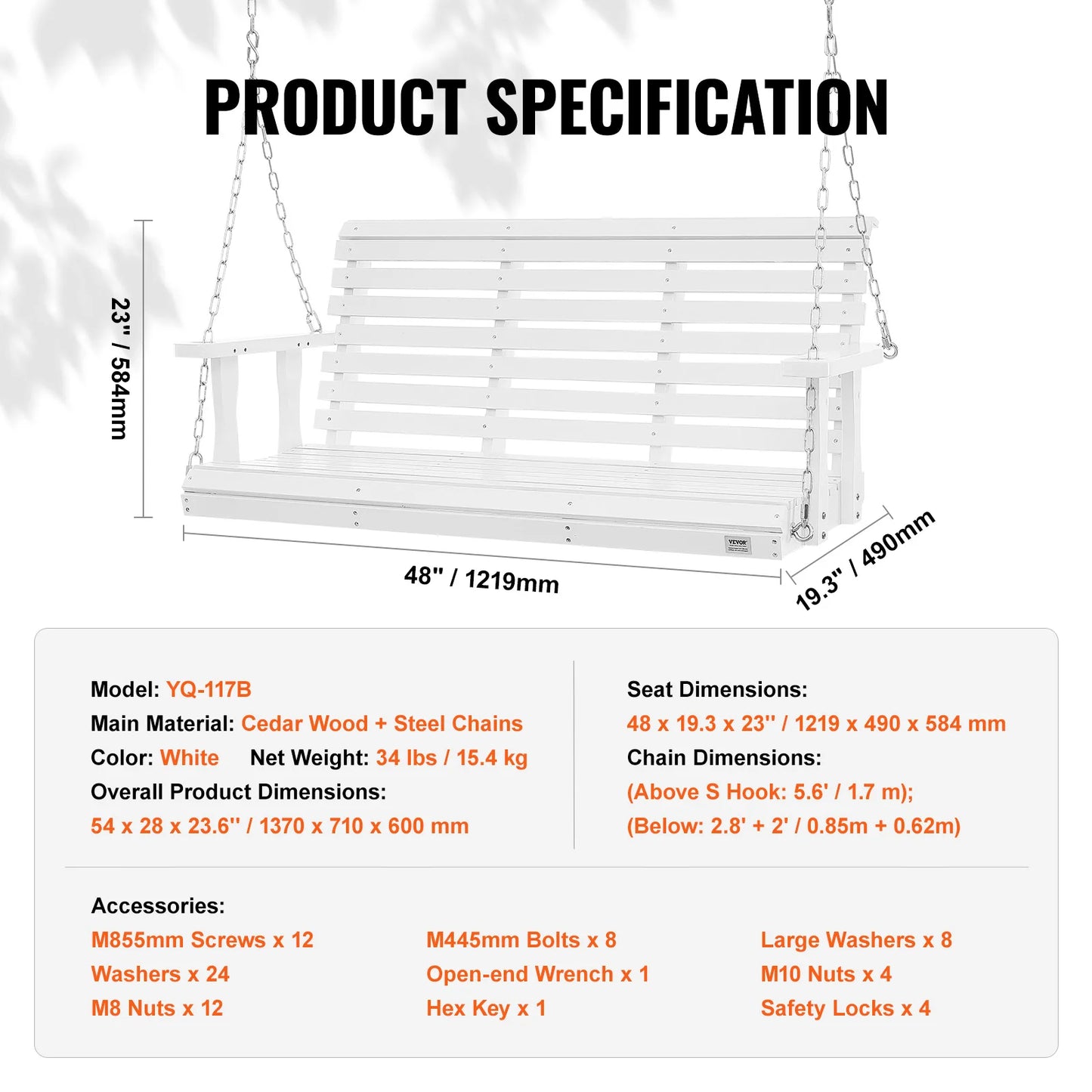 SucceBuy Cedar Wood Porch Swing With Steel Chains Outdoor Bench