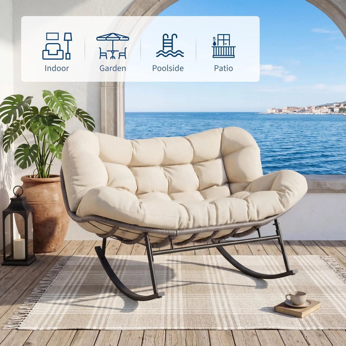 HiMISS Outdoor Two Person Patio Rocking Chair Set With Ottoman