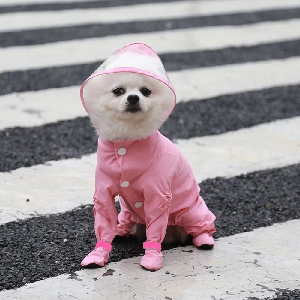 Dog Hooded Raincoat With Boots Four Leg Jumpsuit Waterproof
