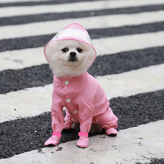 Dog Hooded Raincoat With Boots Four Leg Jumpsuit Waterproof