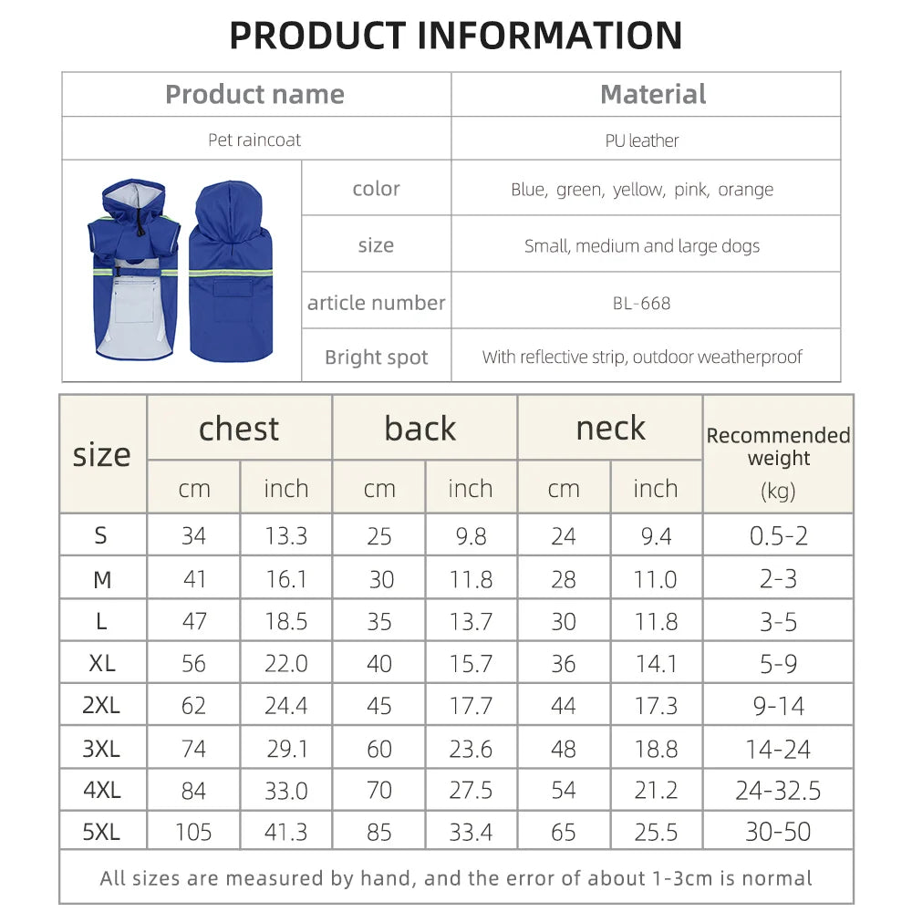 Dog Raincoat Cloak Style Hooded Reflective Waterproof Rainproof Coat
