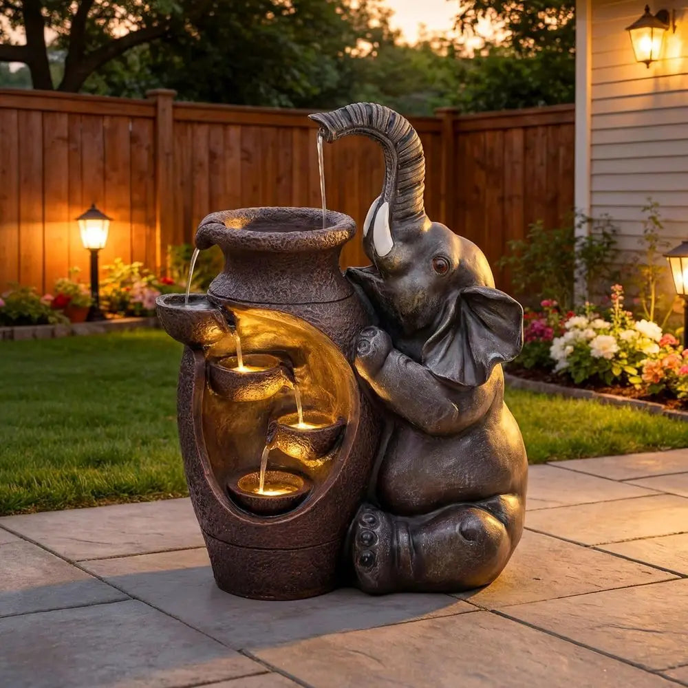 Elephant Jar Outdoor Water Feature With Cascading Waterfall For Garden