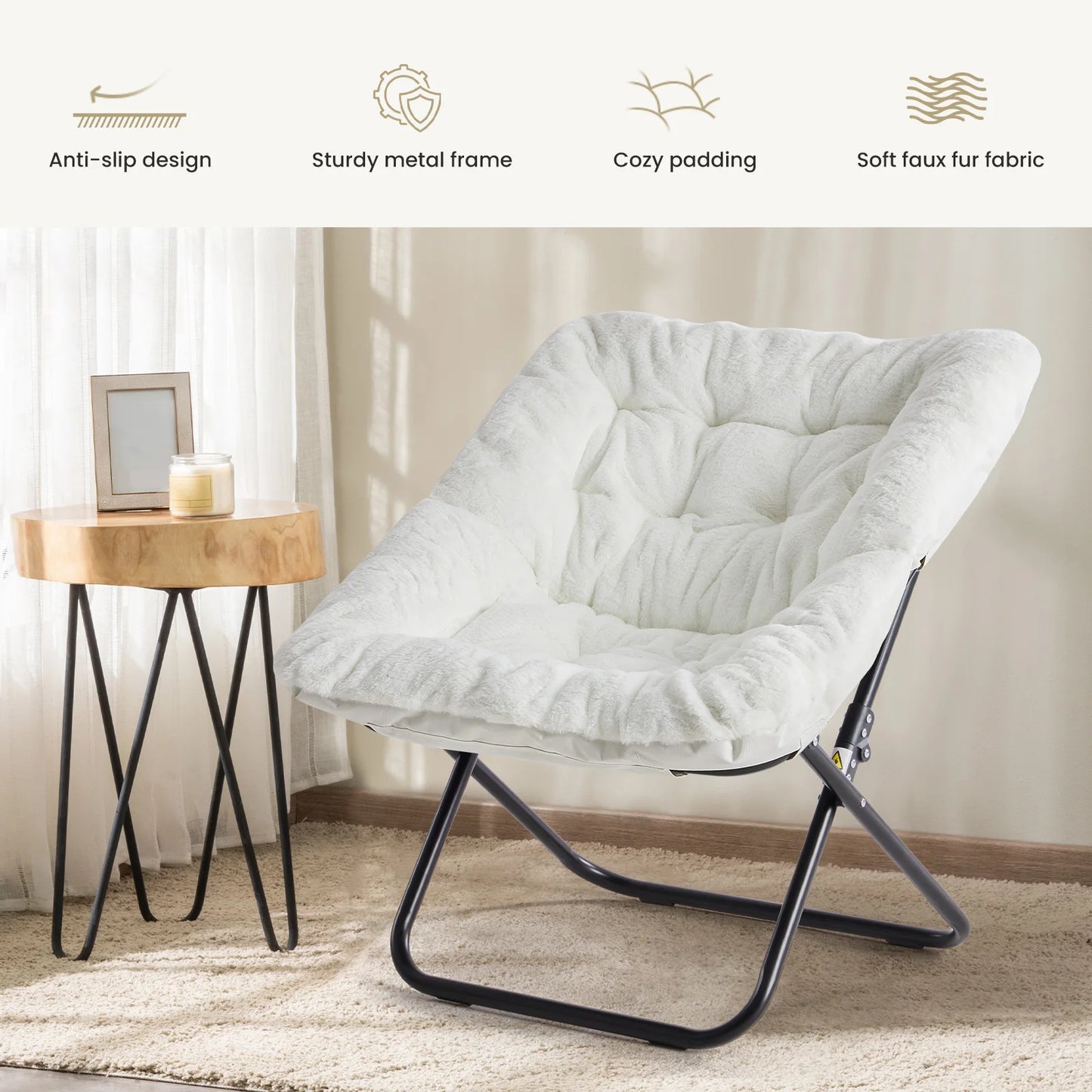 JHK Cozy Faux Fur Saucer Chair Foldable Metal Frame