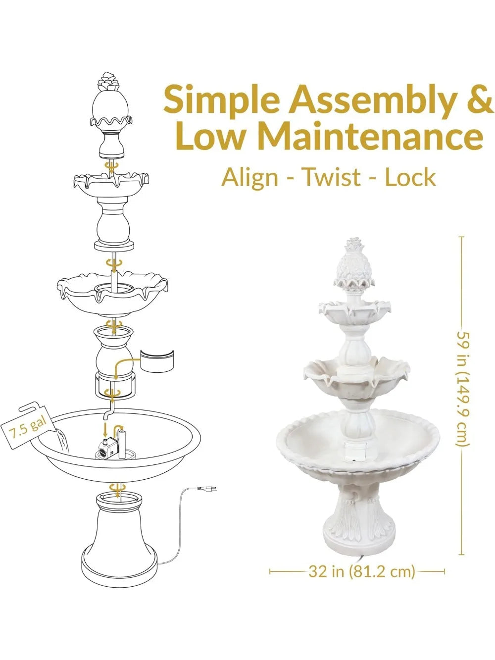Welcome 3 Tier Water Fountain With Pineapple Topper For Garden