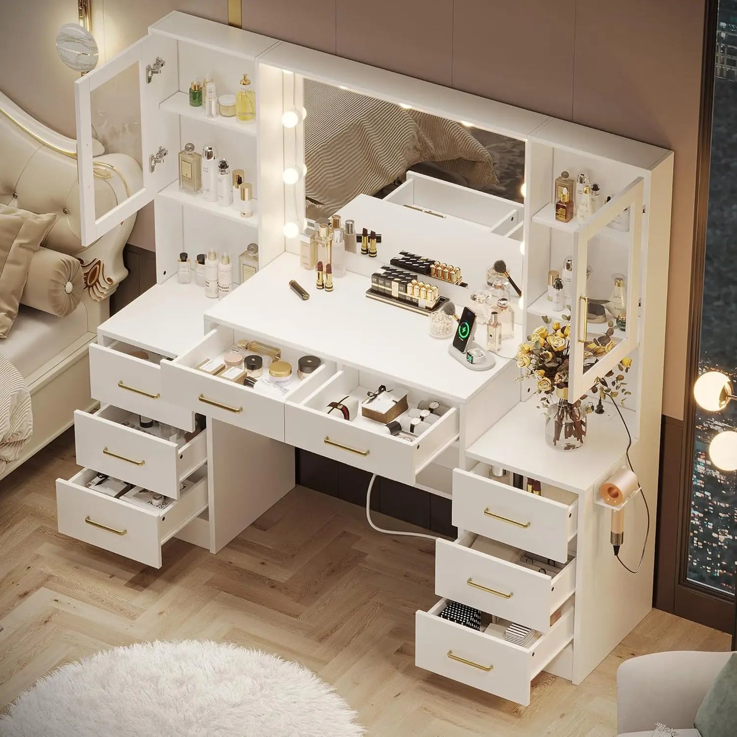 Vanity Desk With Mirror And Charging Station
